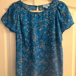 CeCe Blue Floral Blouse with Rounded Neckline